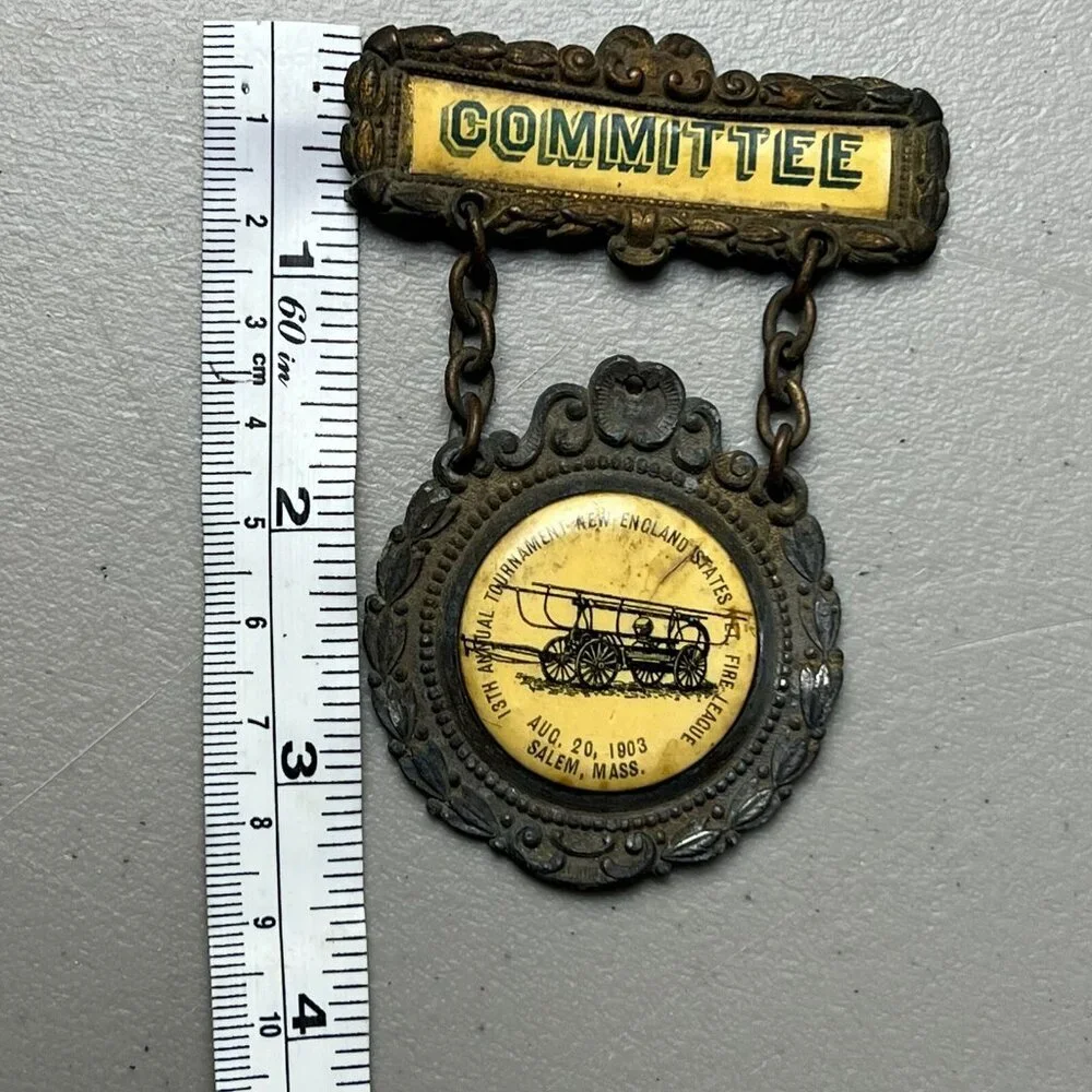 Antique 1903 New England Fire‎ League 13th Annual Tournament Committee Pin Badge
